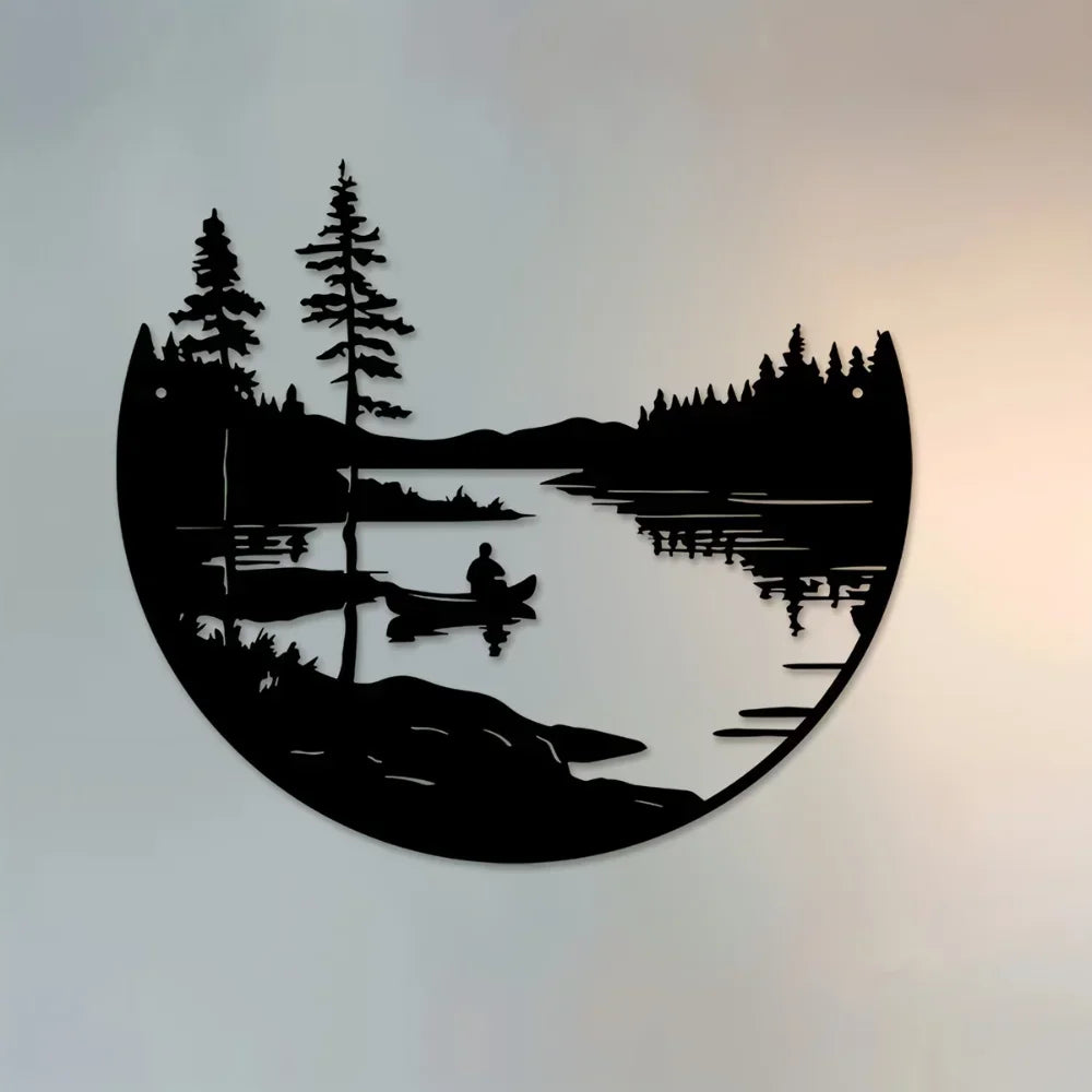Wilderness Lake Forest Silhouette Black Metal Wall Art 3D Iron Craft Wall Decororation For Wood Cabin Living Room Creative Nordic Home Decor