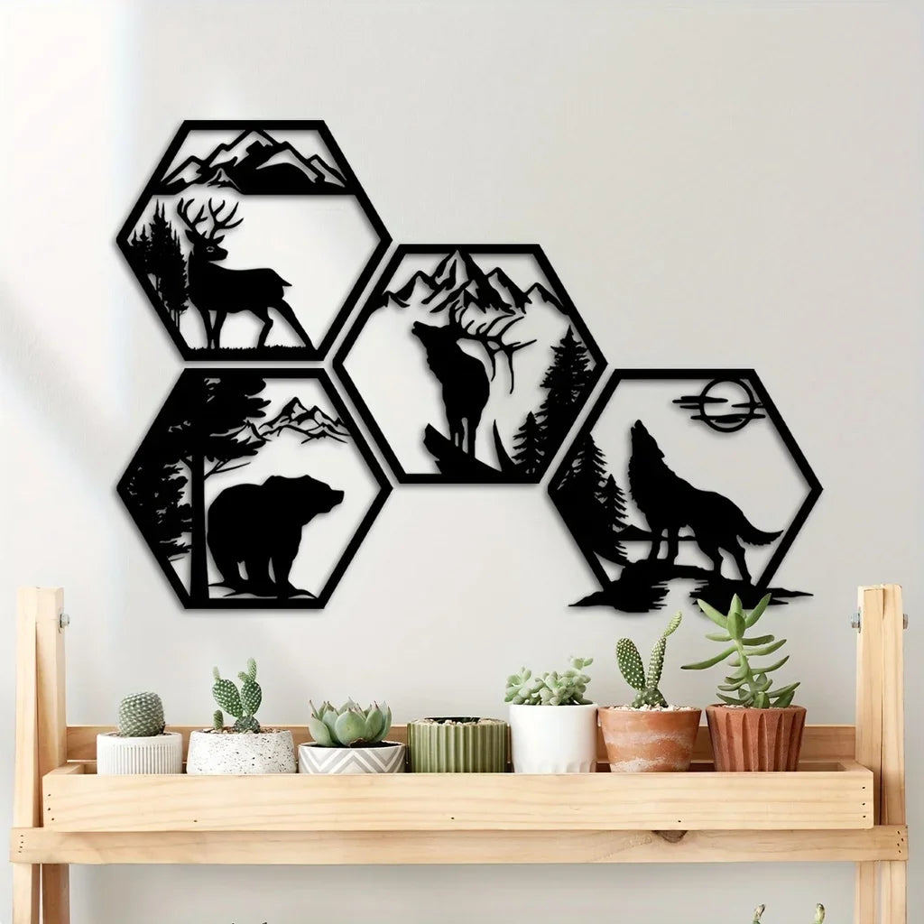 Wolf Mountain Deer Bear 3D Black Metal Hex Wall Plaque Iron Craft Wall Art Decor For Living Room Dining Room Creative Nordic Home Decor