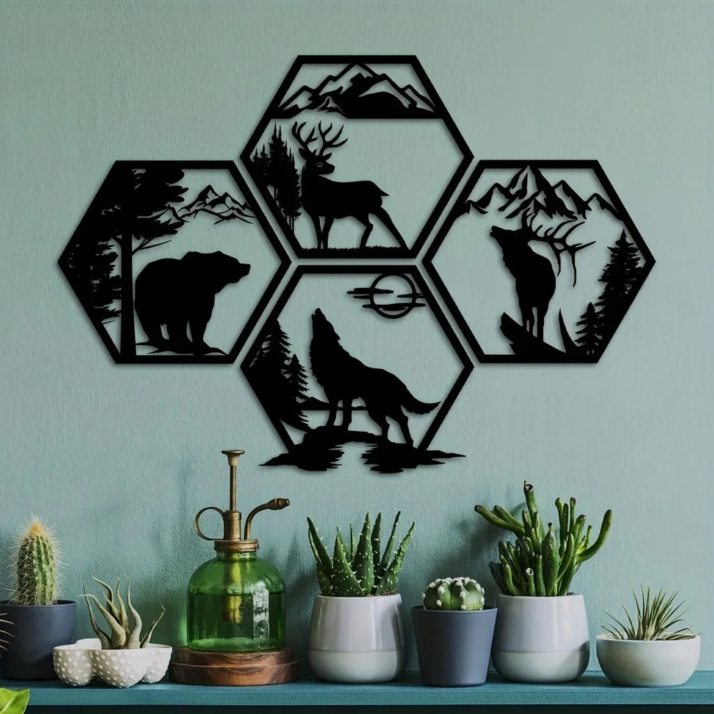 Wolf Mountain Deer Bear 3D Black Metal Hex Wall Plaque Iron Craft Wall Art Decor For Living Room Dining Room Creative Nordic Home Decor