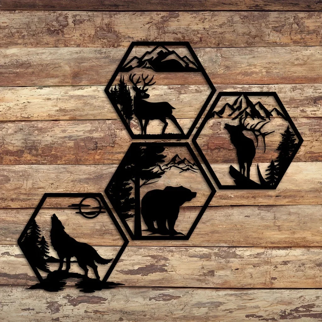Wolf Mountain Deer Bear 3D Black Metal Hex Wall Plaque Iron Craft Wall Art Decor For Living Room Dining Room Creative Nordic Home Decor