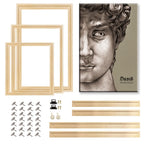 A framed canvas print kit featuring three light wood picture frames, a canvas print of Michelangelo's David, mounting brackets, and wall hooks, all arranged on a clean white background.
