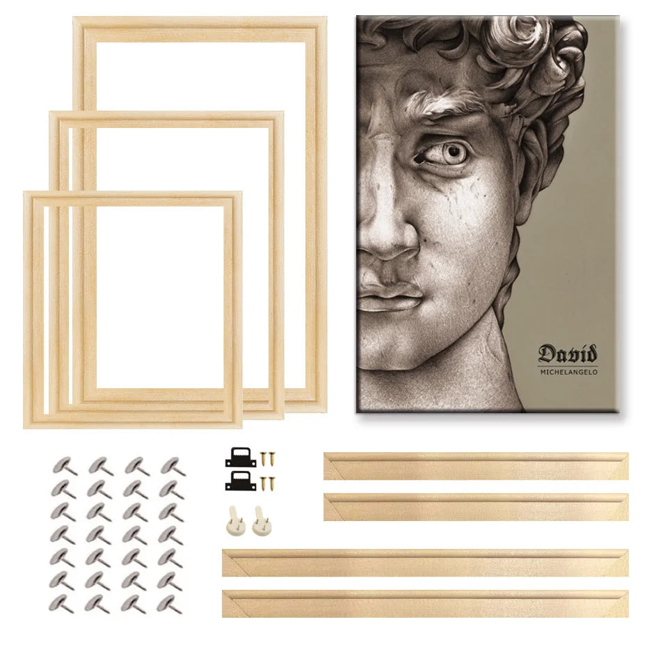A framed canvas print kit featuring three light wood picture frames, a canvas print of Michelangelo's David, mounting brackets, and wall hooks, all arranged on a clean white background.