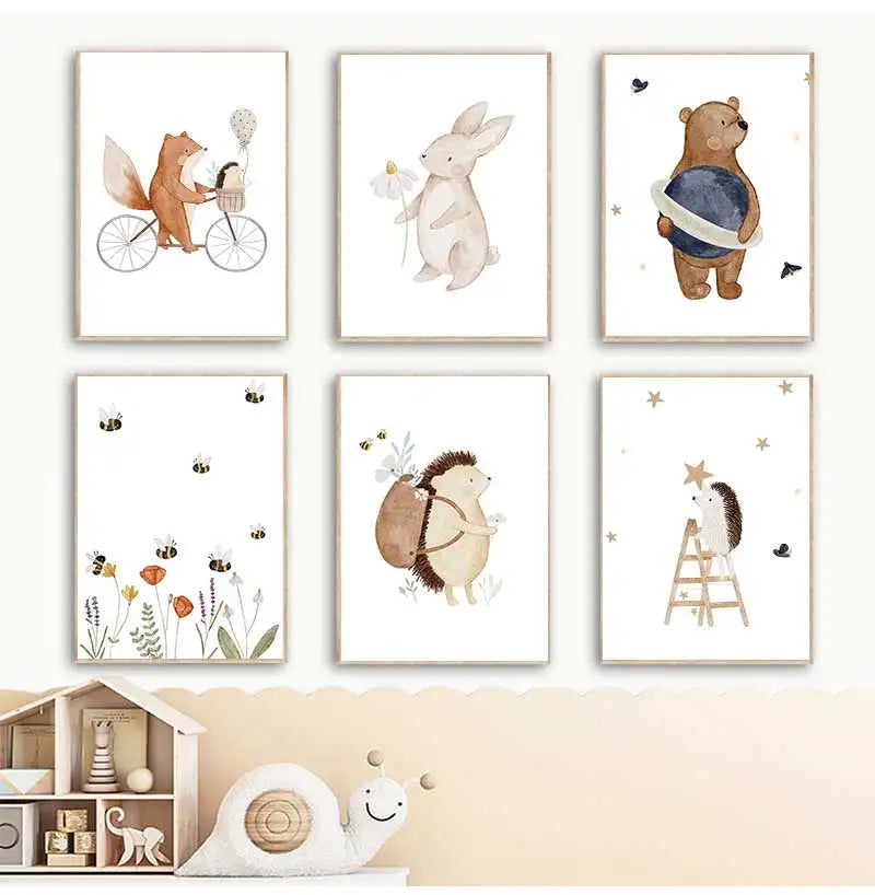 Woodland Animals Cute Nursery Decor Wall Art Fine Art Canvas Prints Hedgehog Bear Fox Bunny Posters For Baby's Room 2025