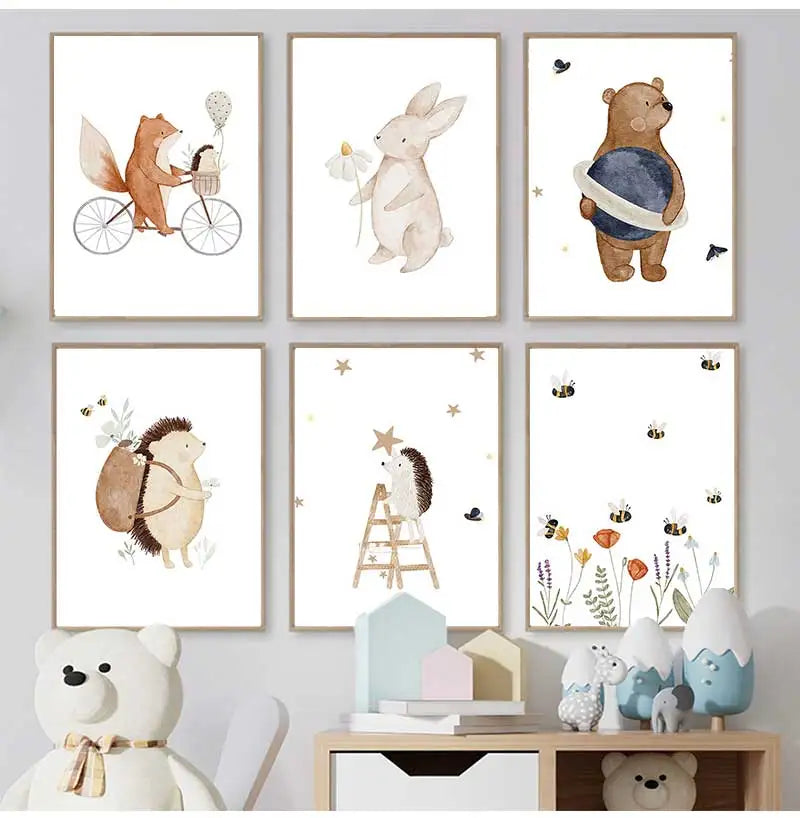 Woodland Animals Cute Nursery Decor Wall Art Fine Art Canvas Prints Hedgehog Bear Fox Bunny Posters For Baby's Room 2025