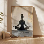 Modern salon artwork of a meditating figure on a textured background, placed on a wooden floor with books and a plant.