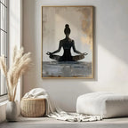 Meditation-themed wall art in a modern living room with decor elements.