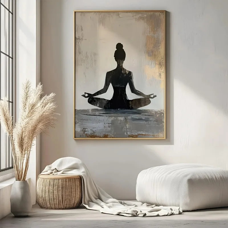 Meditation-themed wall art in a modern living room with decor elements.
