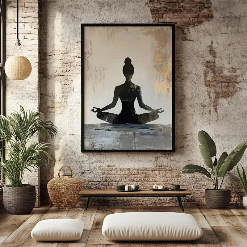 Yoga Meditation Silhouette Wall Art Fine Art Canvas Print – Minimalist Zen Mindfulness Figure Neutral Beige & Golden Unframed Canvas Print for Calm Contemporary Interior Decor 