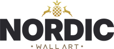 Nordic Wall Art logo with black text and golden pineapple and prancing deer icon