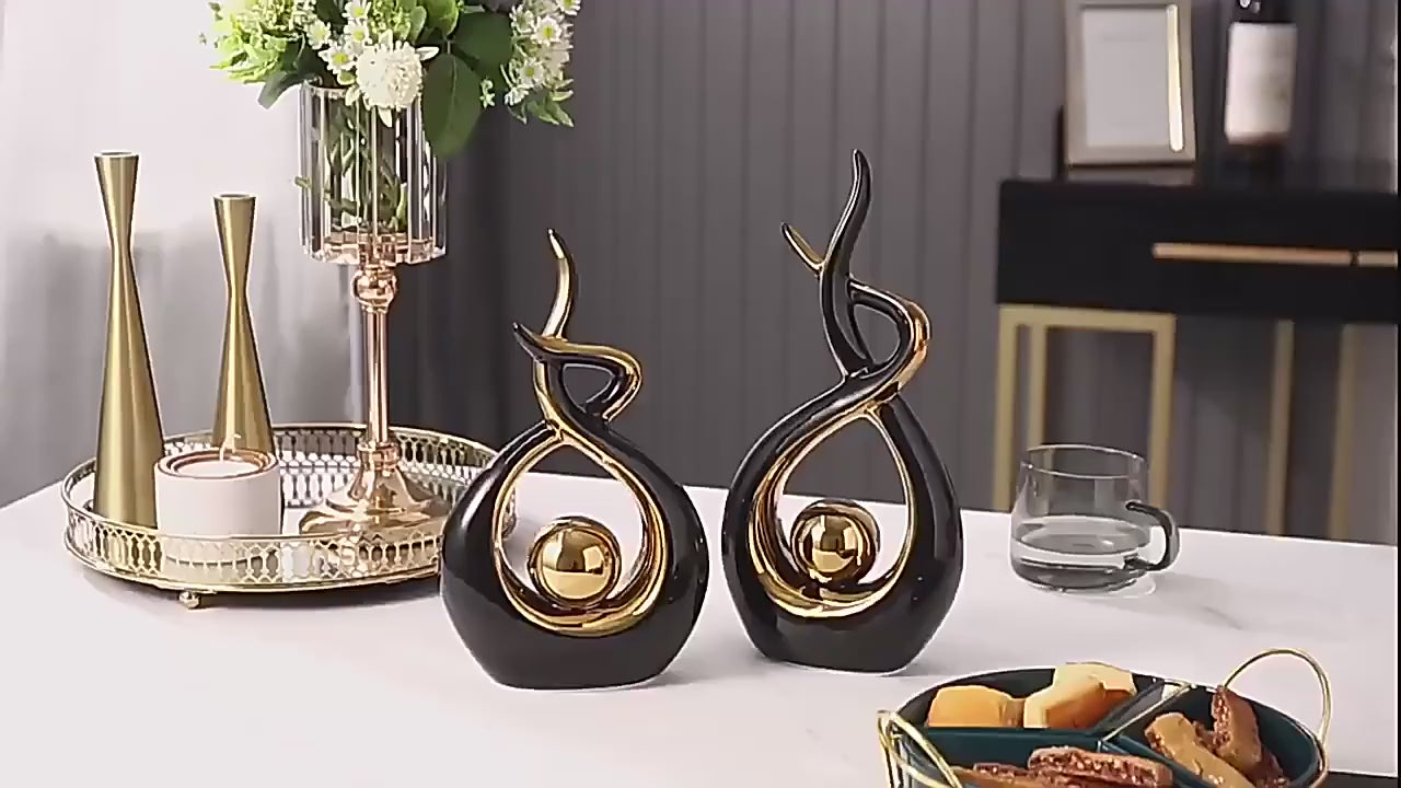Abstract Ceramic Golden Orb Sculptures – Light Luxury Living Room Accents For Coffee Table Dining Room Table Statement Art Pieces For Contemporary Interiors