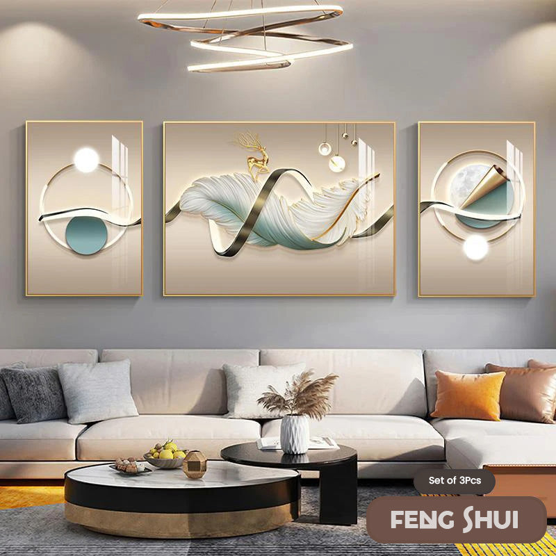 Set of 3 Pcs Modern Aesthetics Triptych Light Luxury Feather Abstract Wall Art Fine Art Canvas Prints Feng Shui Pictures For Modern Living Room