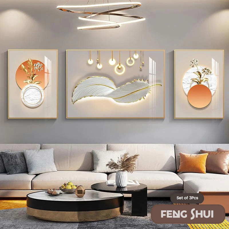 Set of 3 Pcs Modern Aesthetics Triptych Light Luxury Feather Abstract Wall Art Fine Art Canvas Prints Feng Shui Pictures For Modern Living Room