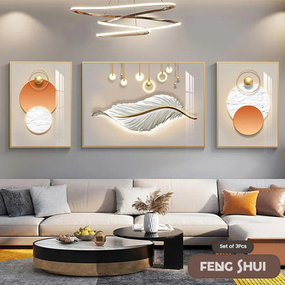 Set of 3 Pcs Modern Aesthetics Triptych Light Luxury Feather Abstract Wall Art Fine Art Canvas Prints Feng Shui Pictures For Modern Living Room