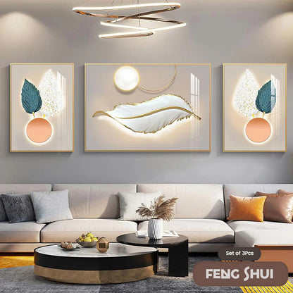 Set of 3 Pcs Modern Aesthetics Triptych Light Luxury Feather Abstract Wall Art Fine Art Canvas Prints Feng Shui Pictures For Modern Living Room