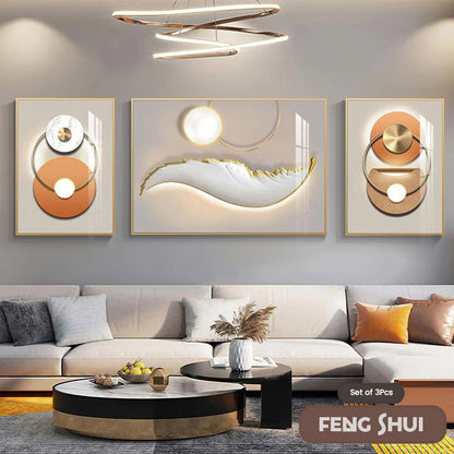 Set of 3 Pcs Modern Aesthetics Triptych Light Luxury Feather Abstract Wall Art Fine Art Canvas Prints Feng Shui Pictures For Modern Living Room