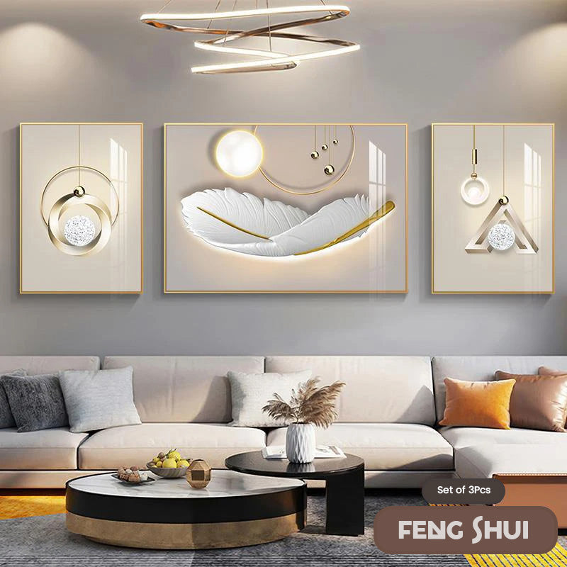 Set of 3 Pcs Modern Aesthetics Triptych Light Luxury Feather Abstract Wall Art Fine Art Canvas Prints Feng Shui Pictures For Modern Living Room