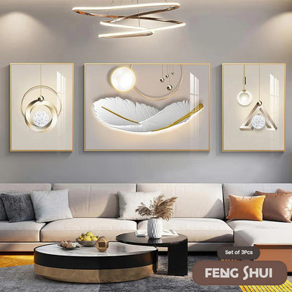 Set of 3 Pcs Modern Aesthetics Triptych Light Luxury Feather Abstract Wall Art Fine Art Canvas Prints Feng Shui Pictures For Modern Living Room