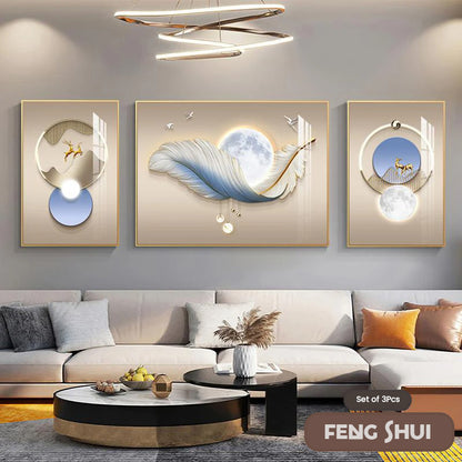 Set of 3 Pcs Modern Aesthetics Triptych Light Luxury Feather Abstract Wall Art Fine Art Canvas Prints Feng Shui Pictures For Modern Living Room