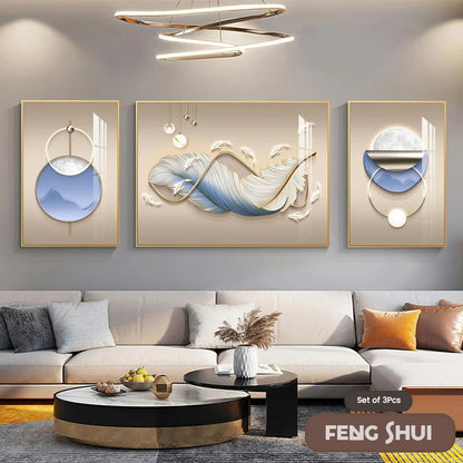 Set of 3 Pcs Modern Aesthetics Triptych Light Luxury Feather Abstract Wall Art Fine Art Canvas Prints Feng Shui Pictures For Modern Living Room