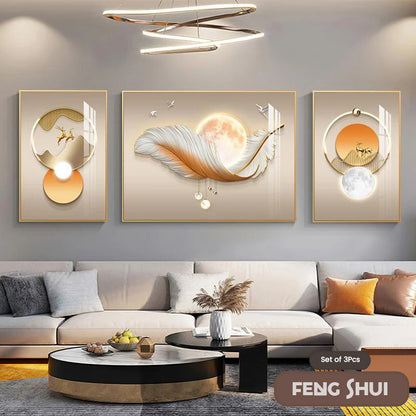 Set of 3 Pcs Modern Aesthetics Triptych Light Luxury Feather Abstract Wall Art Fine Art Canvas Prints Feng Shui Pictures For Modern Living Room