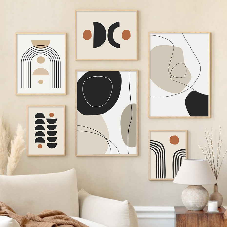 Modern Abstract Wall Art Geometric Line Shape And Form Fine Art Canvas Prints Black Beige Terracotta Pictures For Living Room Decor