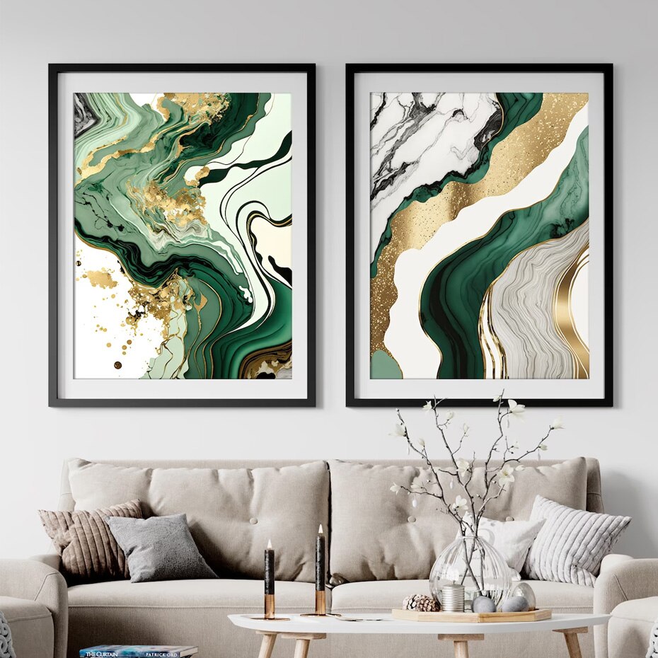 Abstract Liquid Golden Green Marble Print Wall Art Fine Art Canvas Prints Pictures For Luxury Living Room Dining Room Home Office Decor