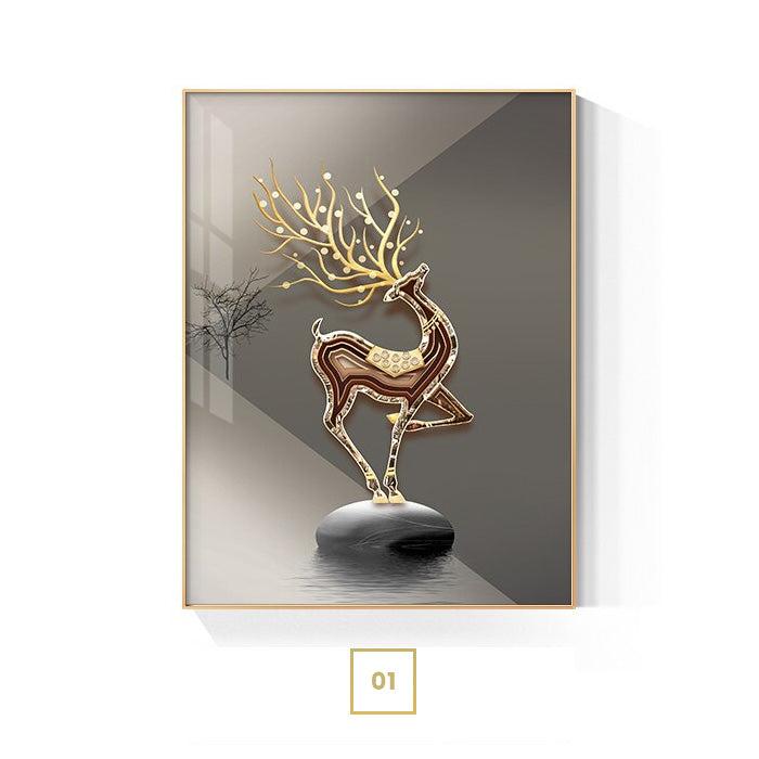 Abstract Auspicious Golden Stag Landscape Wall Art Fine Art Canvas Prints Fashion Pictures For Luxury Living Room Home Office Decor