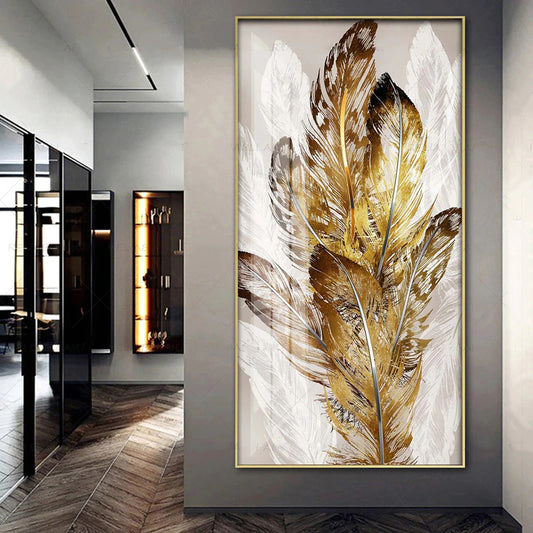 Modern Abstract Beige Golden Brown Feathers Wall Art Fine Art Canvas Prints Picture For Luxury Home Living Room Elegant Entrance Hallway Art Decor