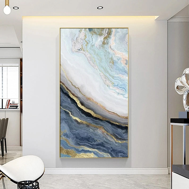 Abstract Blue Golden Marble Design Wall Art Fine Art Canvas Prints Contemporary Pictures For Designer Home Loft Apartment Modern Office Wall Art Decor