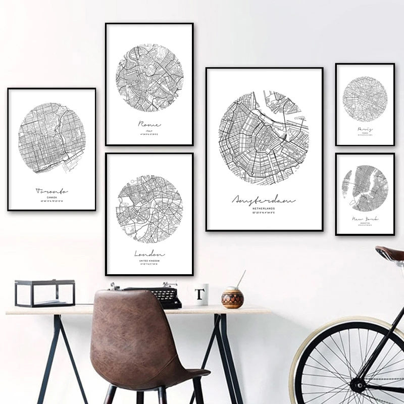 Abstract City Maps Wall Art Black White Fine Art Canvas Prints Nordic Style Home Office Posters London Paris New York Amsterdam Toronto or Rome