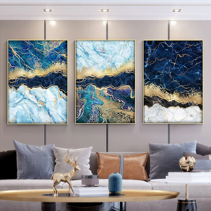 Abstract Deep Sea Blue Marble Print Golden Seam Agate Wall Art Fine Ar ...