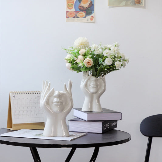 Abstract Face Hands Art Vase For Creative Floral Arrangements Modern Ceramic Handicraft Decoration For Living Room Hotel Room Home Office Decor