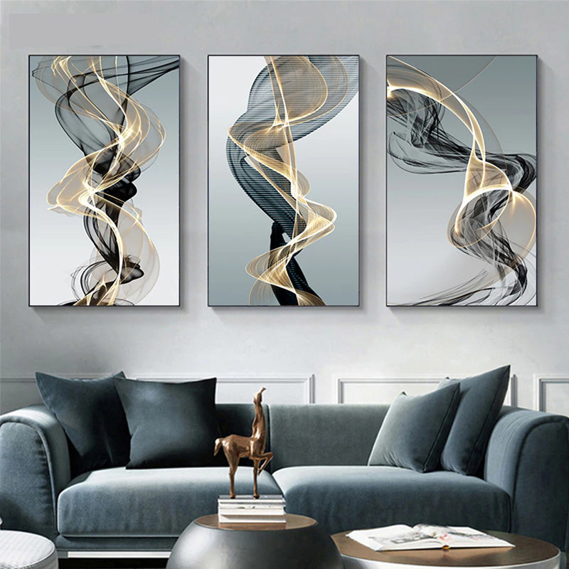 Abstract Flowing Vibrations Wall Art Fine Art Canvas Prints Yellow Black Gray Silk Vape Pictures For Modern Living Room Home Office Interiors
