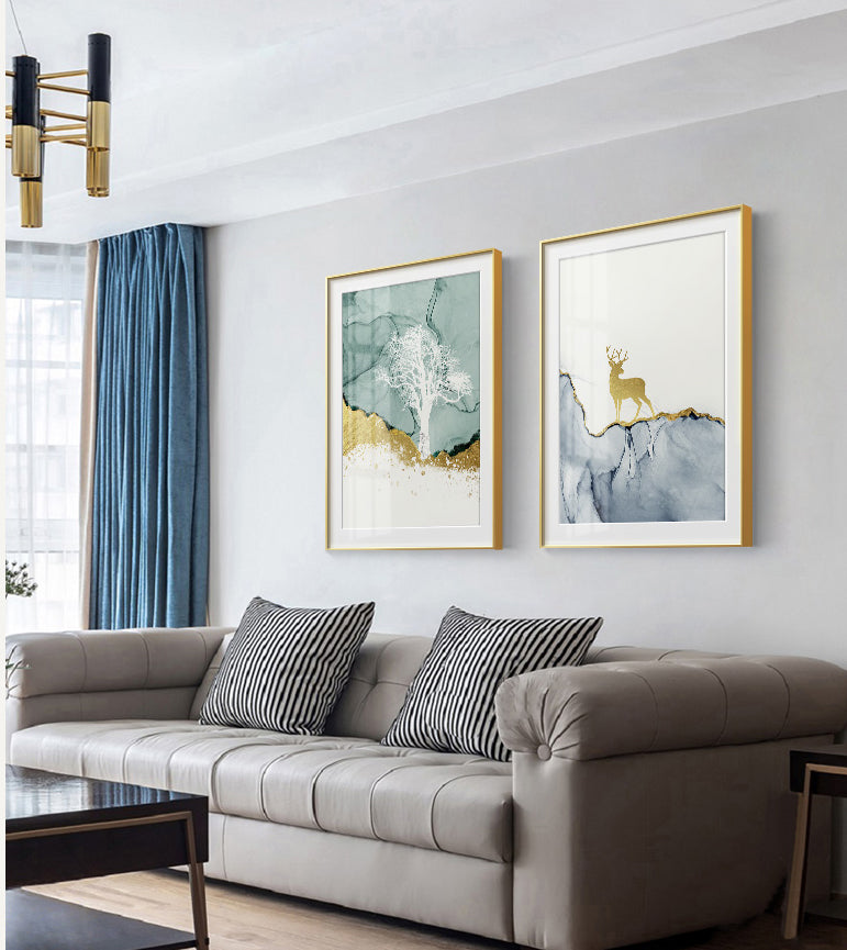 Golden Stag In Wilderness Forest Landscape Wall Art Magical Nordic Nature Fine Art Canvas Prints Painting For Modern Home Interior Decor