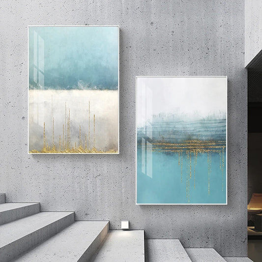 Abstract Golden Blue Horizons Contemporary Nordic Wall Art Fine Art Canvas Prints Modern Minimalist Grey White Pictures For Living Room Office Home Interiors