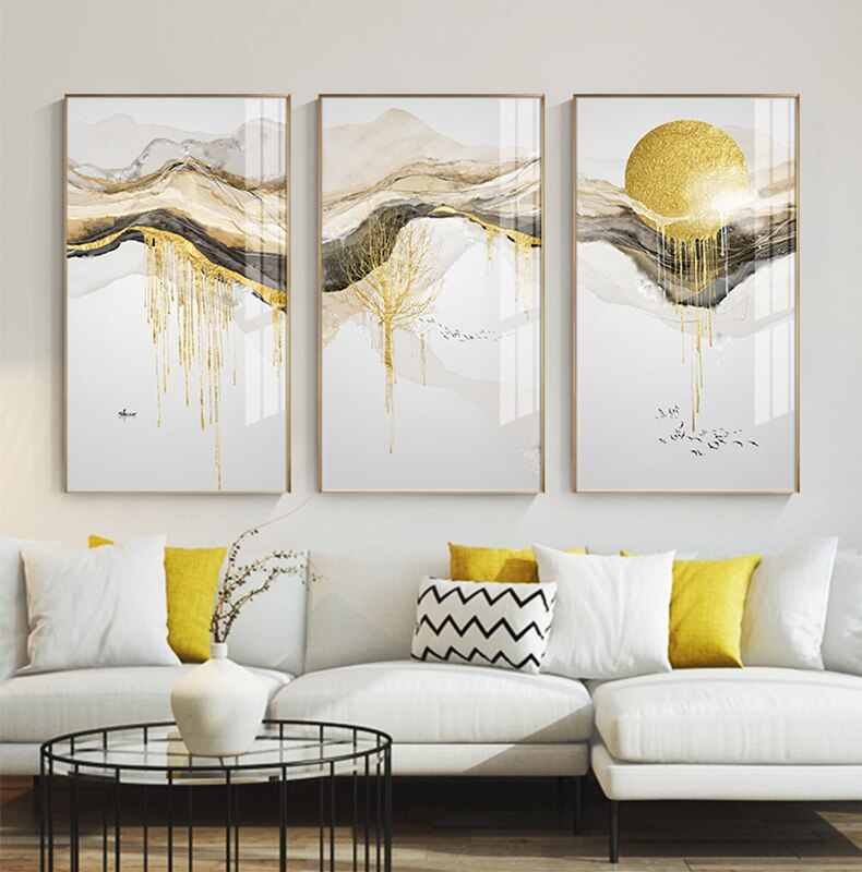 Abstract Golden Mountain Lakeside Scenes Modern Contemporary Landscape Wall Art Fine Art Canvas Prints Luxury Home Office Wall Decor