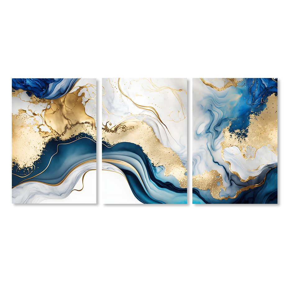 Set of 3Pcs Abstract Liquid Blue Golden Marble Print Wall Art Fine Art Canvas Prints Pictures For Modern Living Room Bedroom Home Office