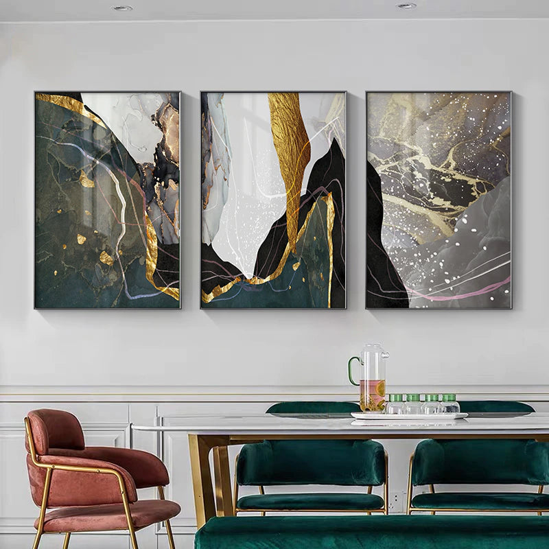 Abstract Liquid Marble Green Golden Gray Wall Art Fine Art Canvas Prints Modern Pictures For Luxury Living Room Dining Room Home Office Decor