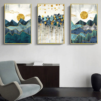 Abstract Mountain Landscape Blue Jade Green Golden Contemporary Wall Art Posters Fine Art Canvas Prints Nordic Pictures For Modern Home Decor