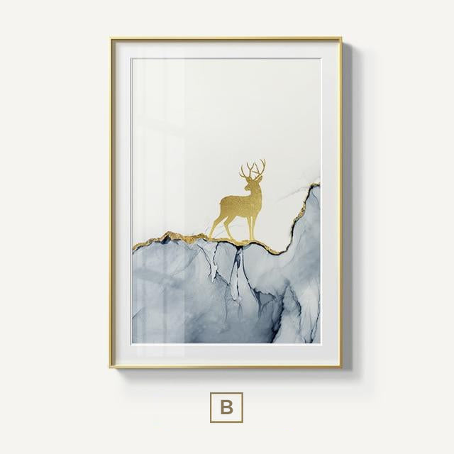 Golden Stag In Wilderness Forest Landscape Wall Art Magical Nordic Nature Fine Art Canvas Prints Painting For Modern Home Interior Decor