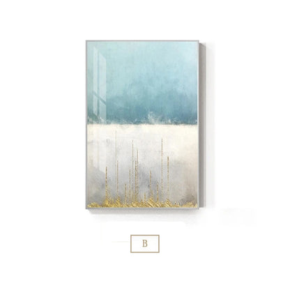 Abstract Golden Blue Horizons Contemporary Nordic Wall Art Fine Art Canvas Prints Modern Minimalist Grey White Pictures For Living Room Office Home Interiors