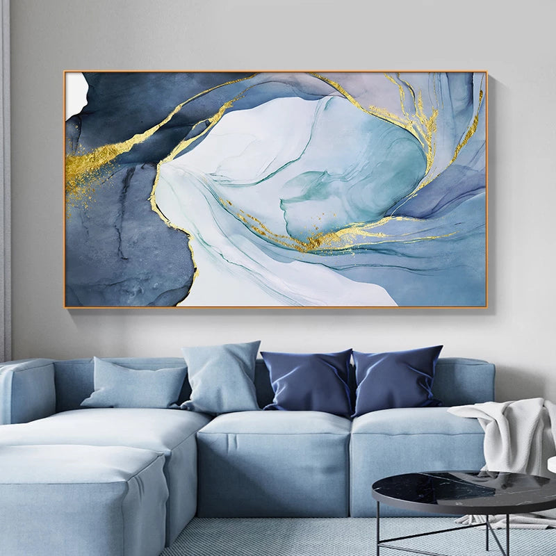 Abstract Marble Swirls Wall Art Golden Veins Blue Gray Marble Fine Art Canvas Prints Modern Stylish Pictures For Contemporary Living Luxury Home Decor