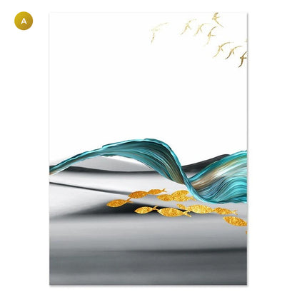 Abstract Nordic Dream Landscape Wall Art Golden Deer Birds Fish Blue Gray Fine Art Canvas Prints Pictures For Luxury Loft Apartment Home Office Interior Decor