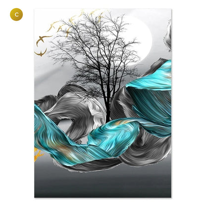 Abstract Nordic Dream Landscape Wall Art Golden Deer Birds Fish Blue Gray Fine Art Canvas Prints Pictures For Luxury Loft Apartment Home Office Interior Decor