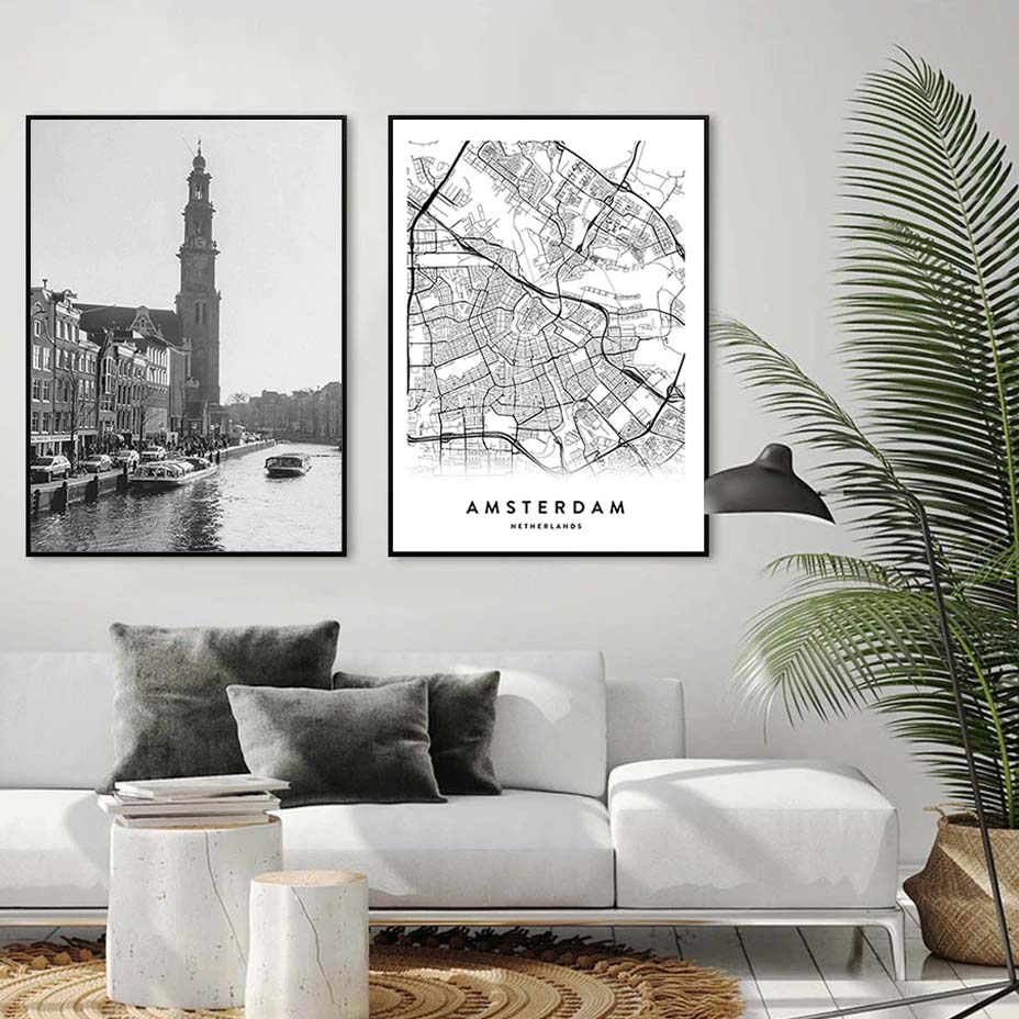 Amsterdam City Map Wall Art Black White Minimalist Design European Travel Pictures For Living Room Dining Room Home Office Nordic Wall Art Decor
