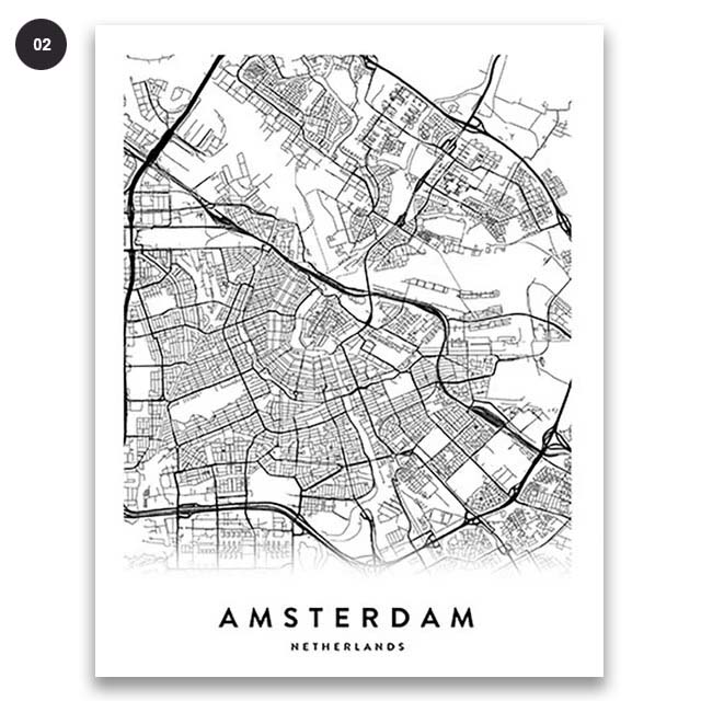 Amsterdam City Map Wall Art Black White Minimalist Design European Travel Pictures For Living Room Dining Room Home Office Nordic Wall Art Decor