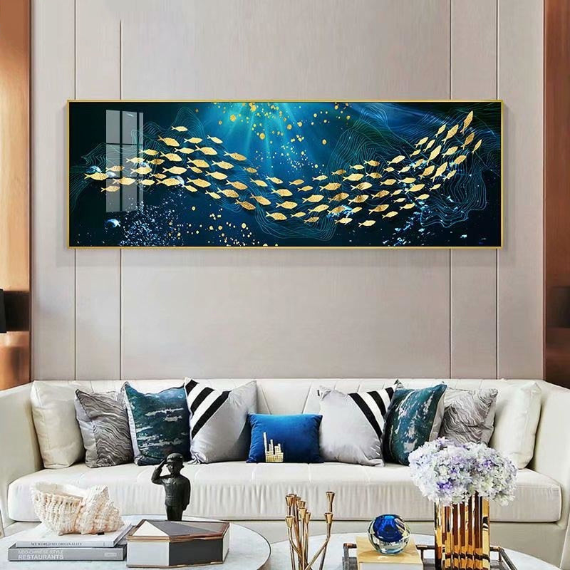 Auspicious Golden Fish In The Deep Blue Wall Art Fine Art Canvas Prints Wide Format Picture For Above The Bed Above The Sofa Wall Decoration