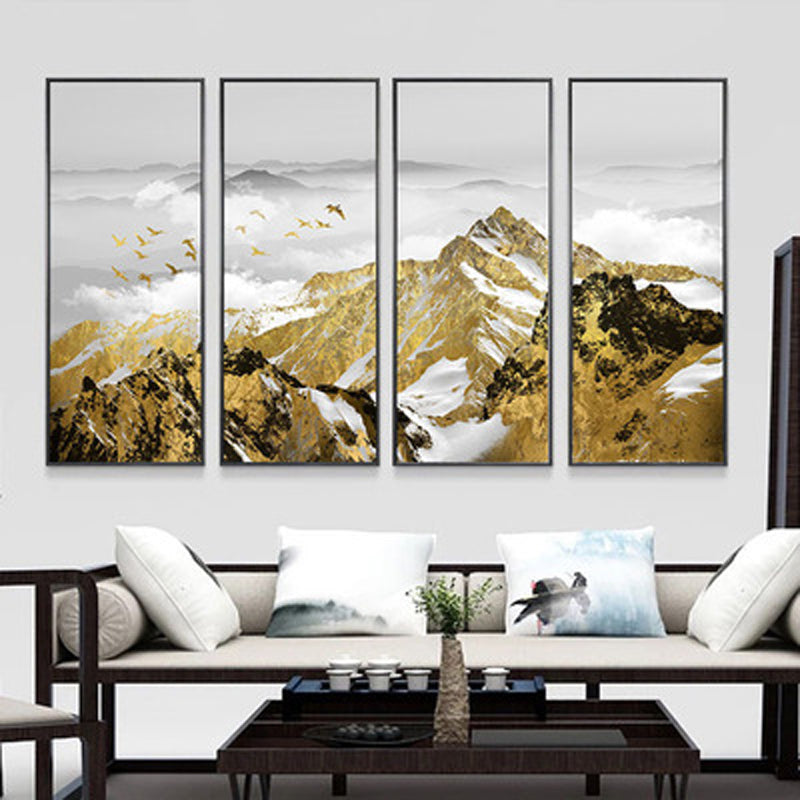Auspicious Golden Mountain Wall Art Fine Art Canvas Prints Modular Set of 4 Pictures For Modern Apartment Living Room Home Office Interior Decor