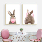 Baby Bunny Pink Bubble Gum Cute Animals Nursery Wall Art Fine Art Canvas Prints Pop Art Rabbit Pictures For Baby's Room Wall Decoration