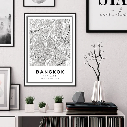 Bangkok City Map Wall Art Street Map Aerial View Black White Fine Art Canvas Prints Minimalist Thailand Travel Map Posters For Home Office Interior Decor